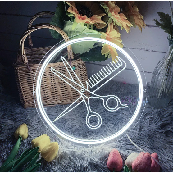 Placa Luminosa LED para Salão de Cabeleireiro em Acrílico com Gravação a Laser Barbearia 28 cm