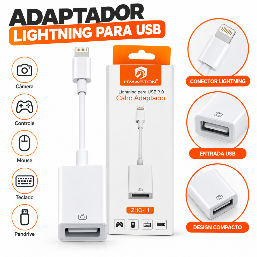 Cabo Adaptador de Transferência de Dados OTG USB para iPhone