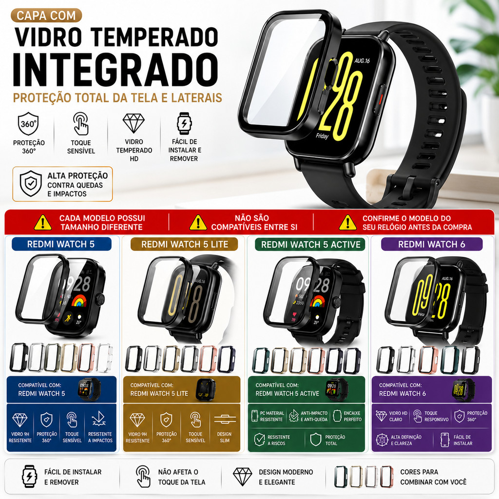Capa com Película Integrada para Redmi Watch 5 / 5 Lite / 5 Active / 6 | Proteção 360°, Anti-Risco e Anti-Impacto
