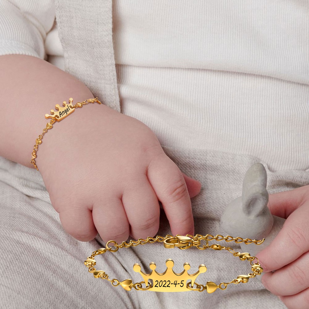 Pulseira Personalizada De Aniversário Vnox Free Engraved Crown Bracelet for Baby Toddler Child , Nome ID