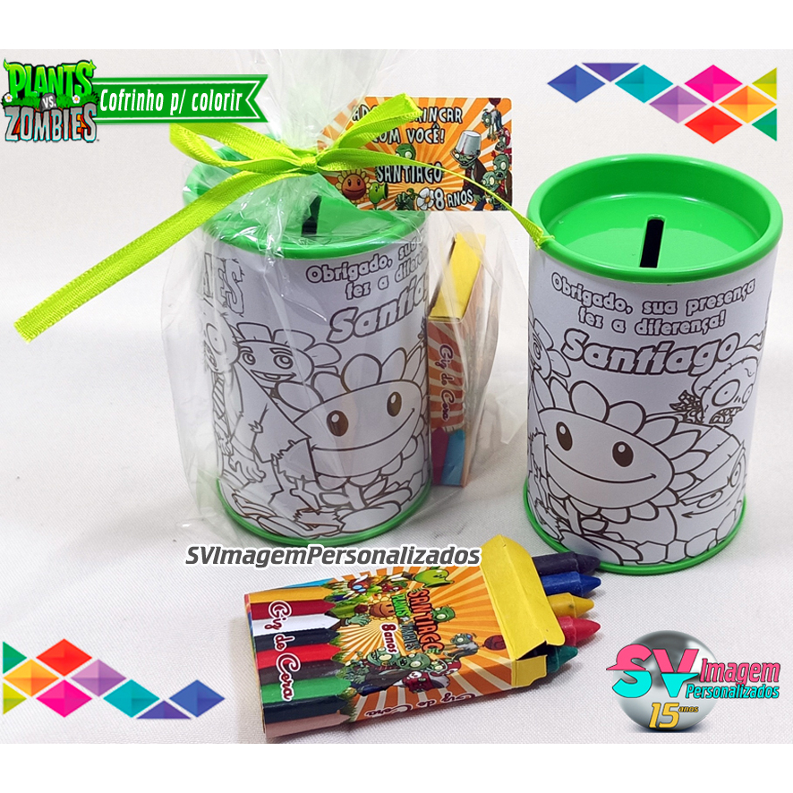 Festa Plants vs Zombies Cofrinho Personalizado para Colorir com Mini Giz de Cera Lembrancinha