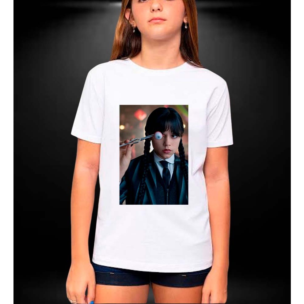 Camiseta 100% poliéster branca Wandinha 2 infantil e adulto, boy girl, child | criança e adolescente.