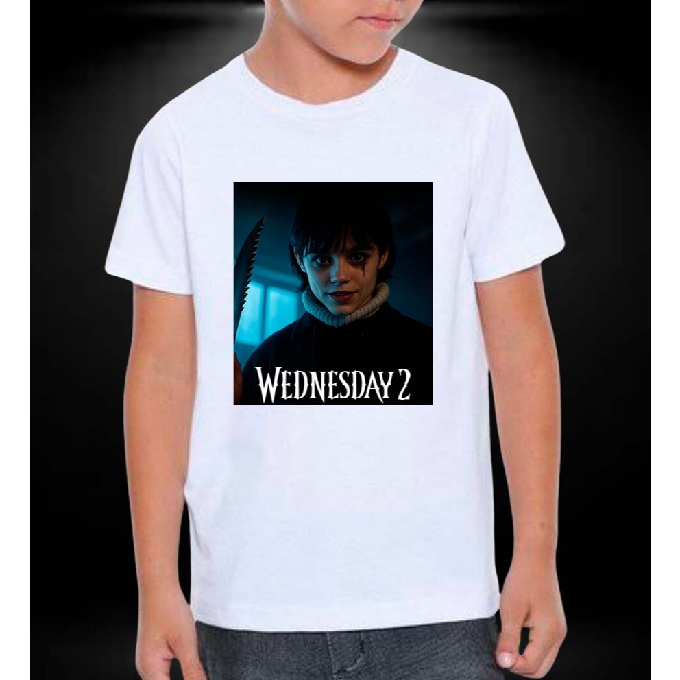 Camiseta 100% poliéster branca Wandinha 2 infantil e adulto, boy girl, child | criança e adolescente.