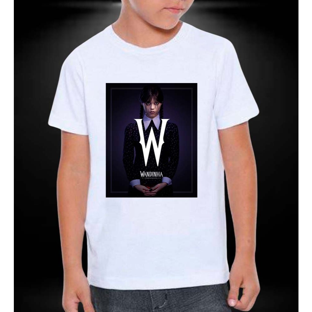 Camiseta 100% poliéster branca Wandinha 2 infantil e adulto, boy girl, child | criança e adolescente.