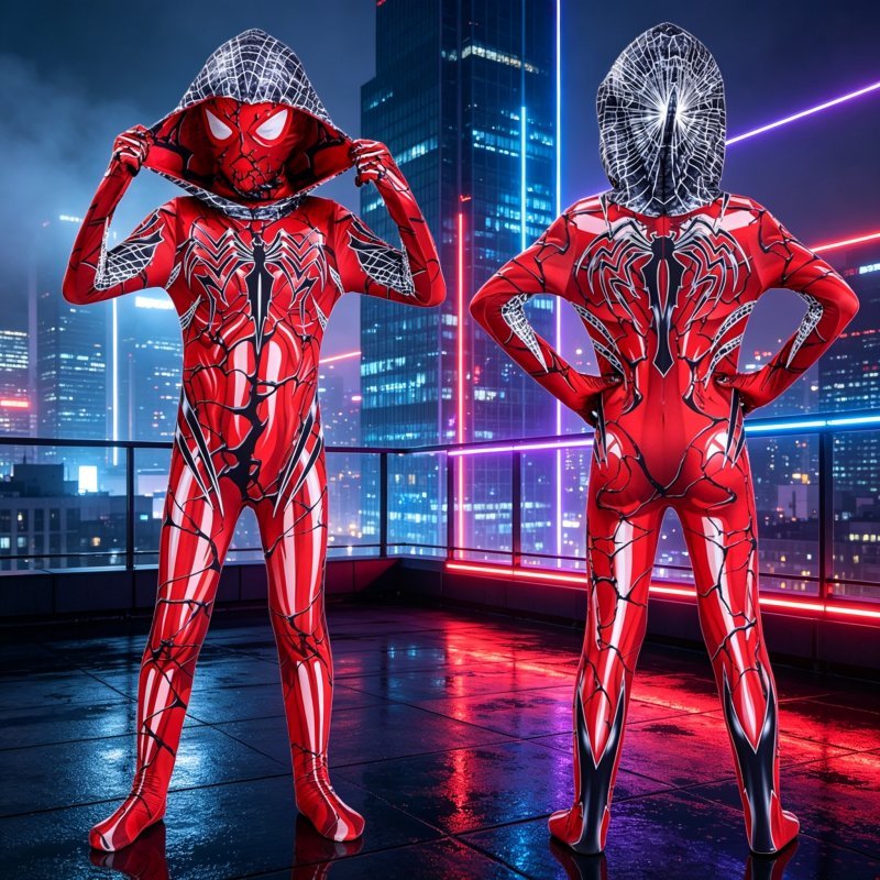 Red Black Cracked Web Hooded Spider Superhero Parent-child Jumpsuit Adults Kids Halloween Cosplay F