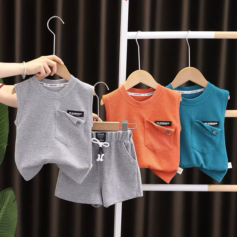 Summer Child Boys Girls Clothes Roupas Meninas waffle Algodão Desportivo Colete Sólido Calções 2Pcs/Lazer Kids Fashion