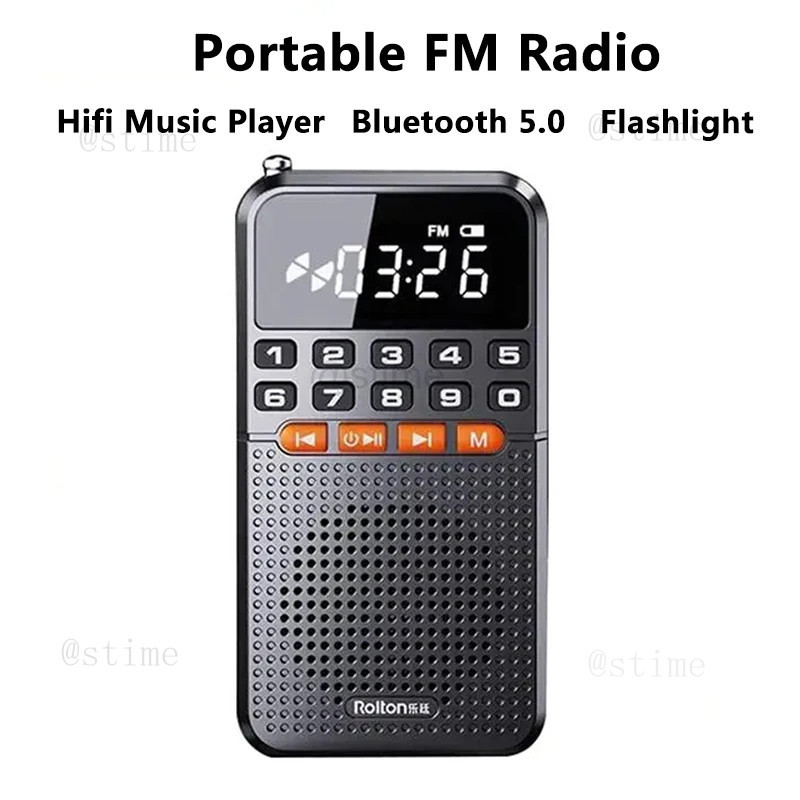 Portátil FM Mini Rádio Antena Dupla Receptor De Bolso Bluetooth 5.0 Alto-Falante Cartão TF Leitor De Música Com Lanterna