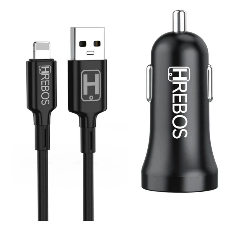 Carregador Veicular Fast 15W com 2 USB + Cabo Lightning HS-182i – Hrebos | Carga Rápida 3.1A