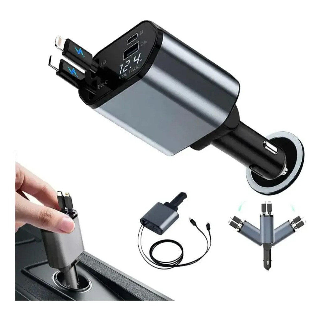 Carregador Veicular 4 em 1 Retrátil 120W Turbo Cabo Tipo C USB Lightning iPhone Android Giro 180° LED Carga Rápida