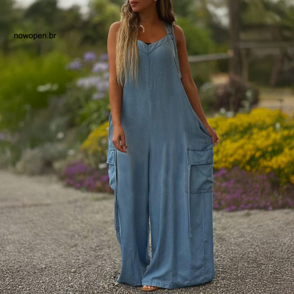 Loose Jumpsuit Suspenders Simple Fashion Boho Wide Leg with Pockets Stylish and Comfortable Overalls for Women Adjustabl