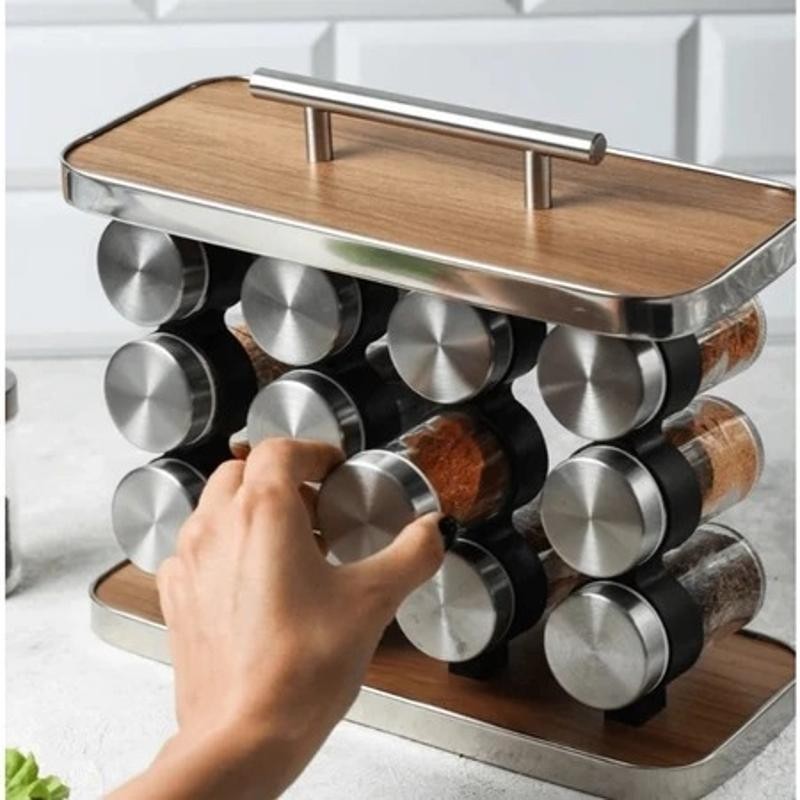 🧂Suporte Giratório Temperos 16 Potes Vidro Tampa Inox Base Madeira Cozinha Gourmet Presente Decoração