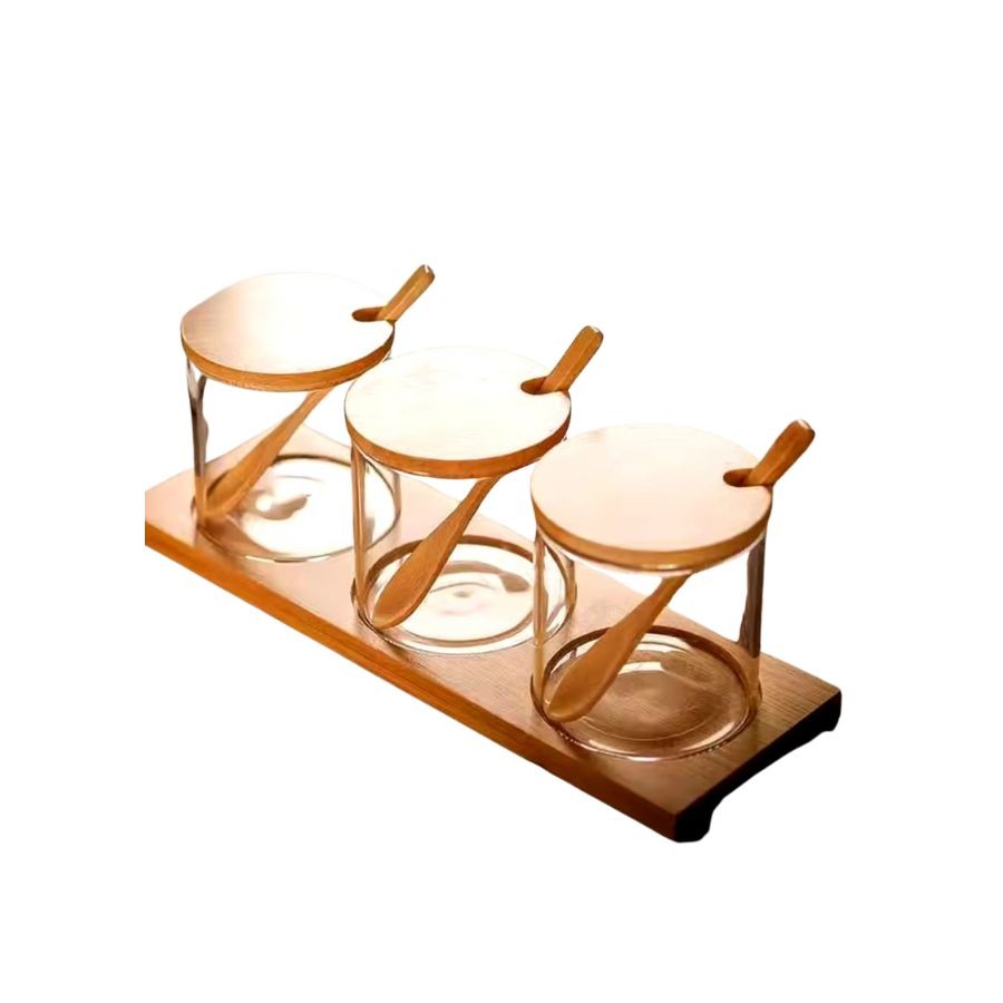 Kit 3 Potes Porta Condimentos Temperos de Vidro com Suporte Tampa em Bambu Saleiro 270 ml