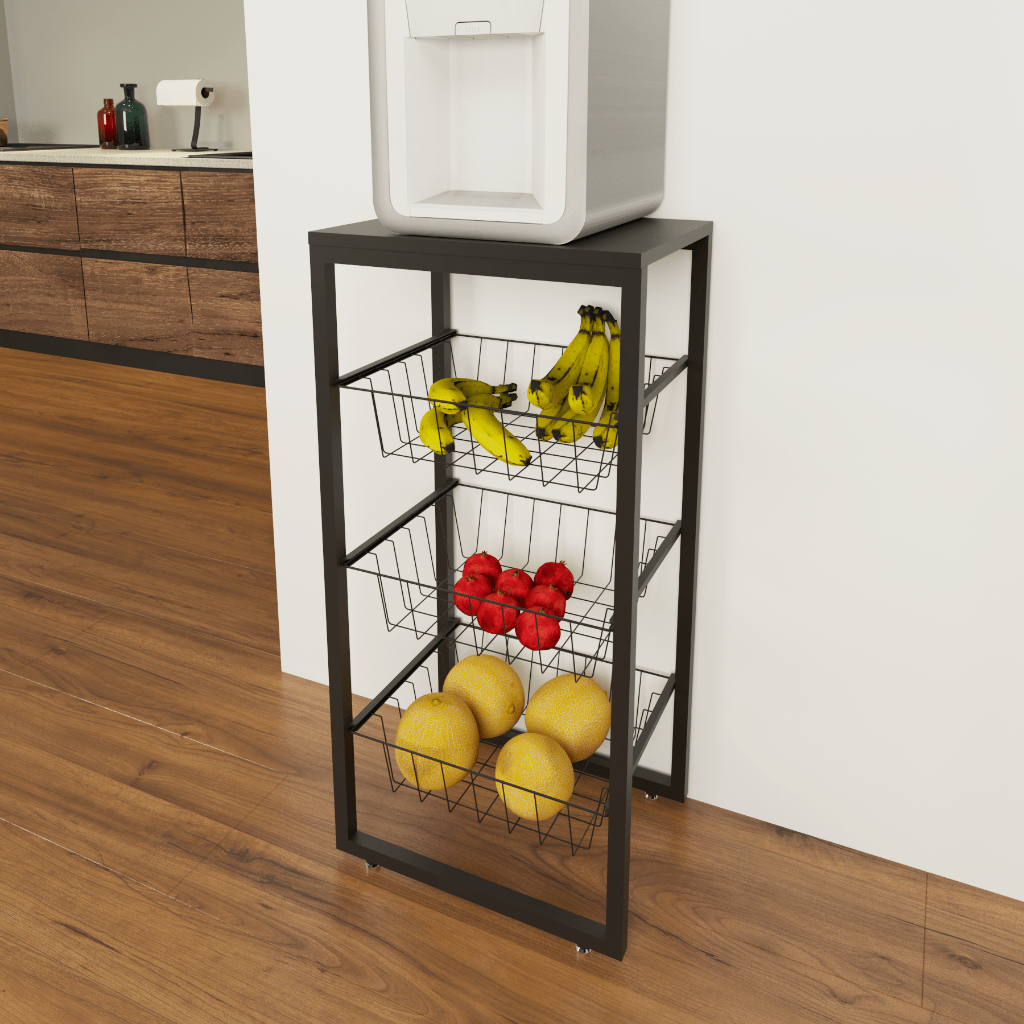 Fruteira De Chão Em Aço Cozinha Suporte Bebedouro MDF Preto