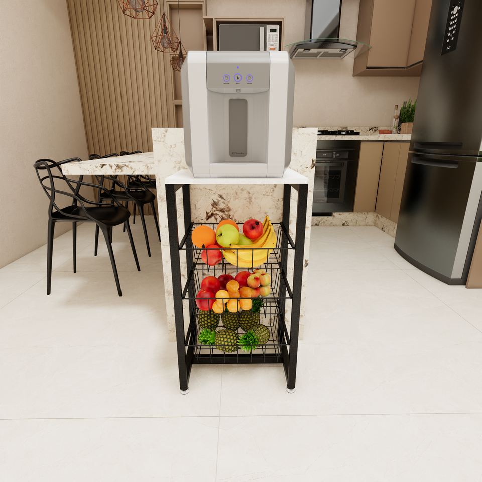 Fruteira De Chão Em Aço Cozinha Suporte Bebedouro MDF Branco