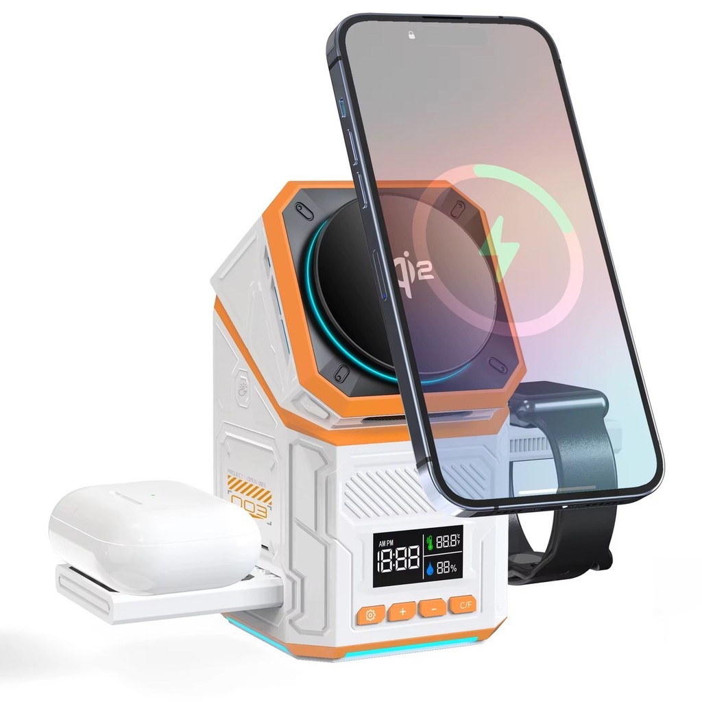 Base Dock Indução 3 em 1 Para Celular Relógio e Fone 15W Rotação Automática PE-WS28