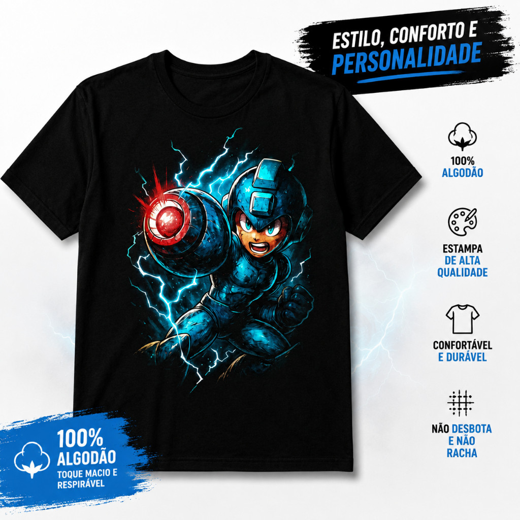 Camiseta Estampada Mega Man | Gamer | Unissex |  100% Algodão | Estampa Premium | Casual Geek | Anime Games