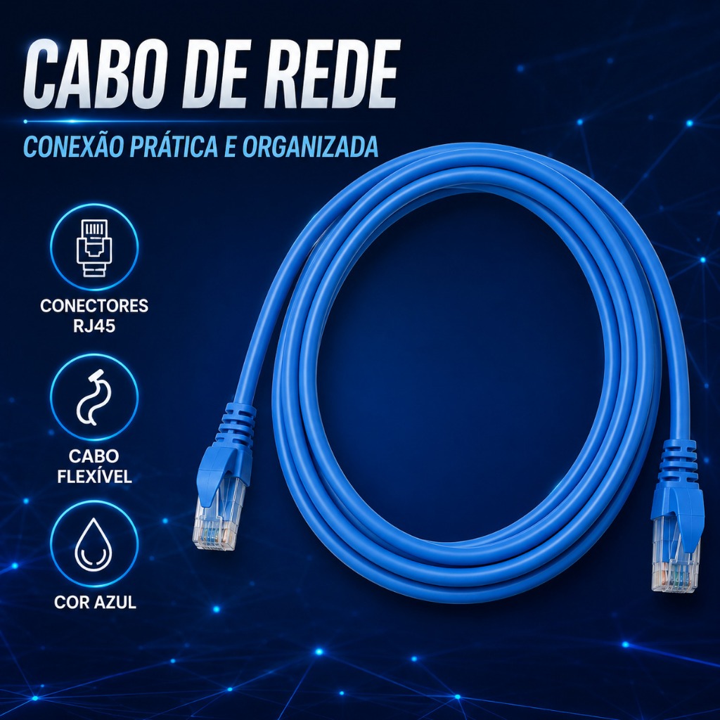 Cabo de Rede RJ45 CAT5e Ethernet Alta Velocidade Azul para Internet PC Notebook Roteador Smart TV Videogame Resistente