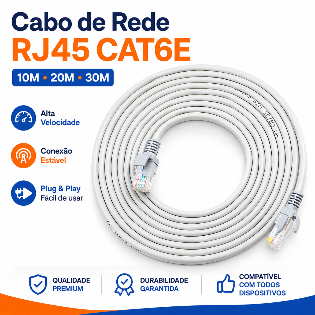 Cabo de Rede RJ45 CAT6E Ethernet Gigabit 1Gbps Alta Velocidade 10M 20M 30M Internet Estável PC Roteador Smart TV