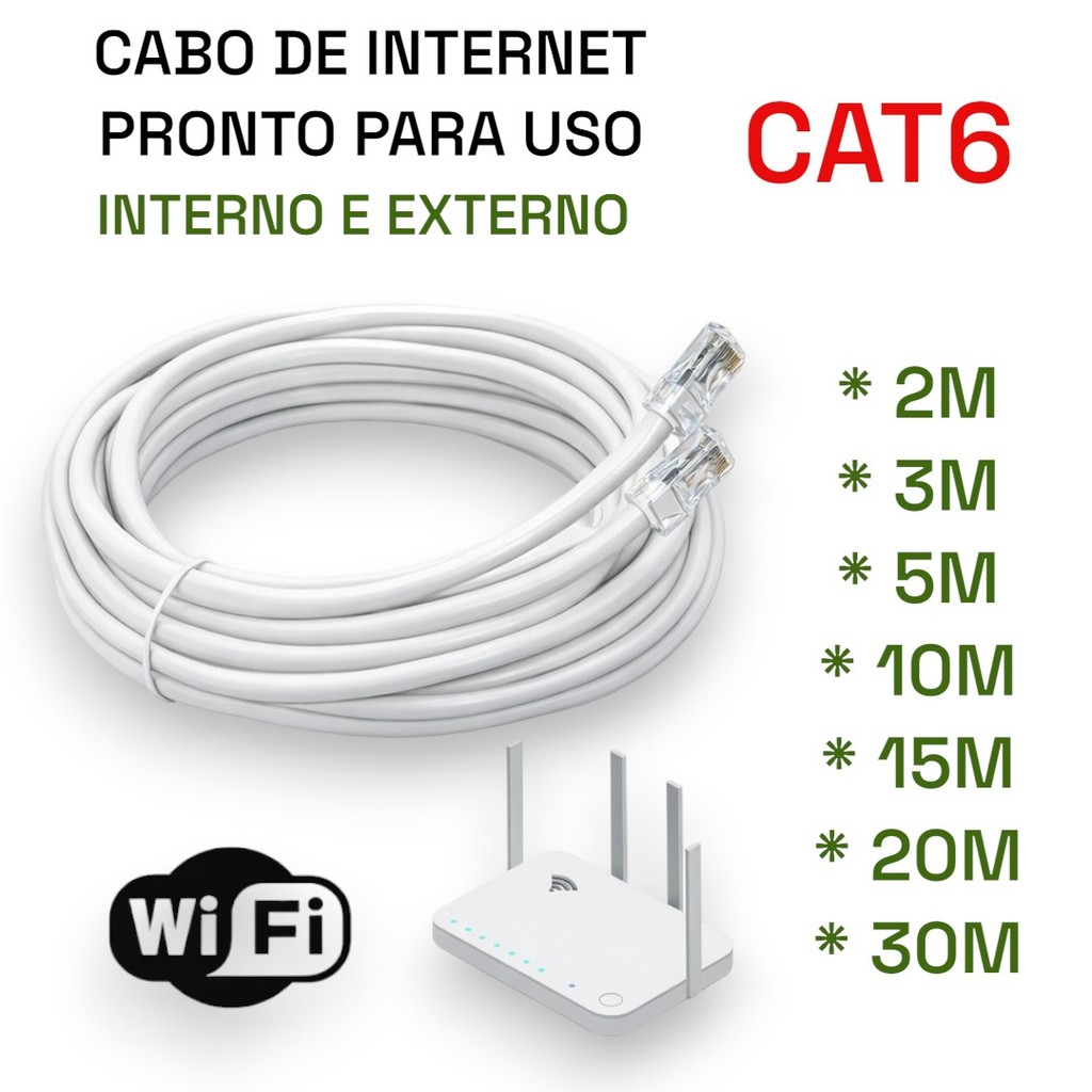 Cabo De Rede alta velocidade CAT6 Internet Pc Notebook Roteador Smart Tv Games 2 3 5 10 15 20 30 Metros