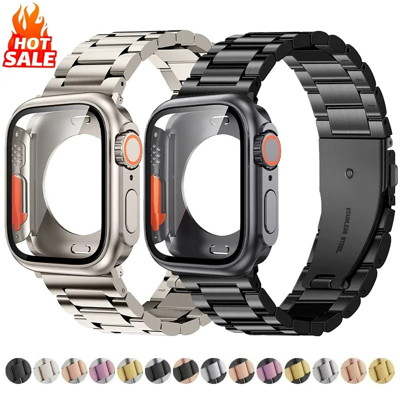 Pulseira+Capa para iWatch 46mm 42mm 44mm 45mm 41mm, Pulseira de Metal em Aço Inoxidável com Cobertura Total para iWatch