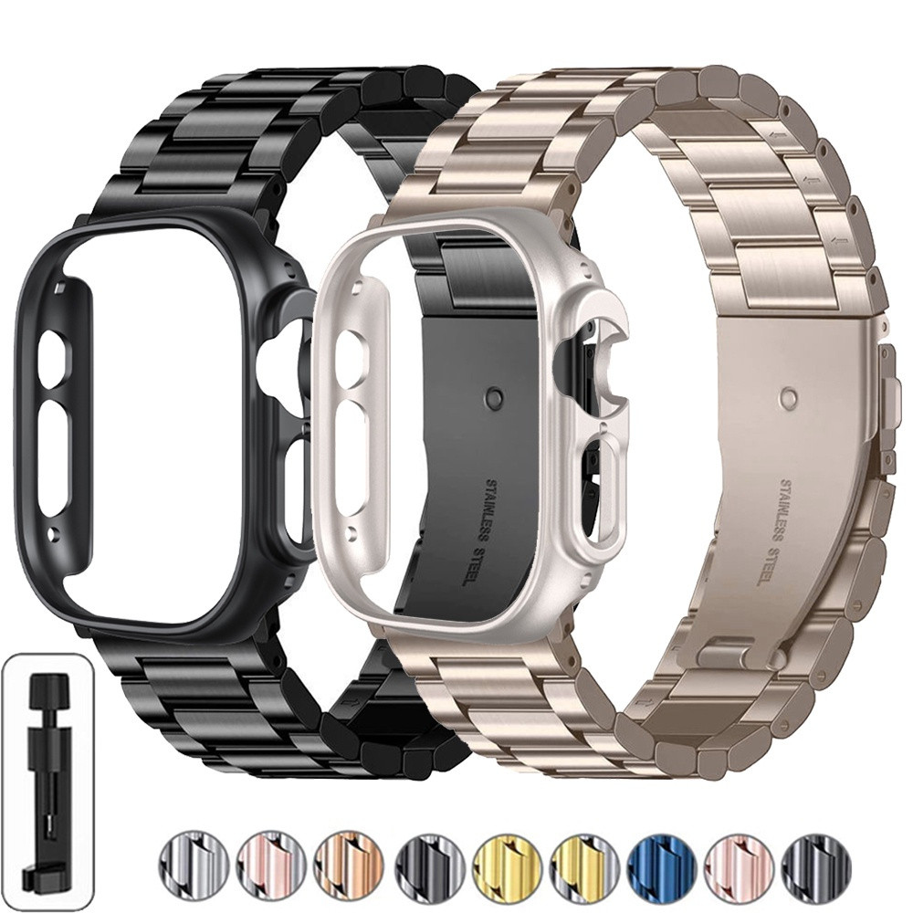 Caixa TPU com pulseira de aço inoxidável para iWatch 46mm 42mm 41mm 45mm 49mm, pulseira de metal para iWatch série Ultra