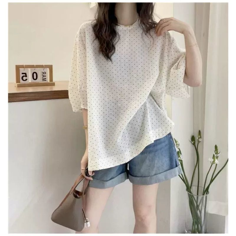 2026 verão Plus Size Polka Dot camiseta 150kg gordura mm Puff manga curta solta capa barriga meia manga camisa de fundo