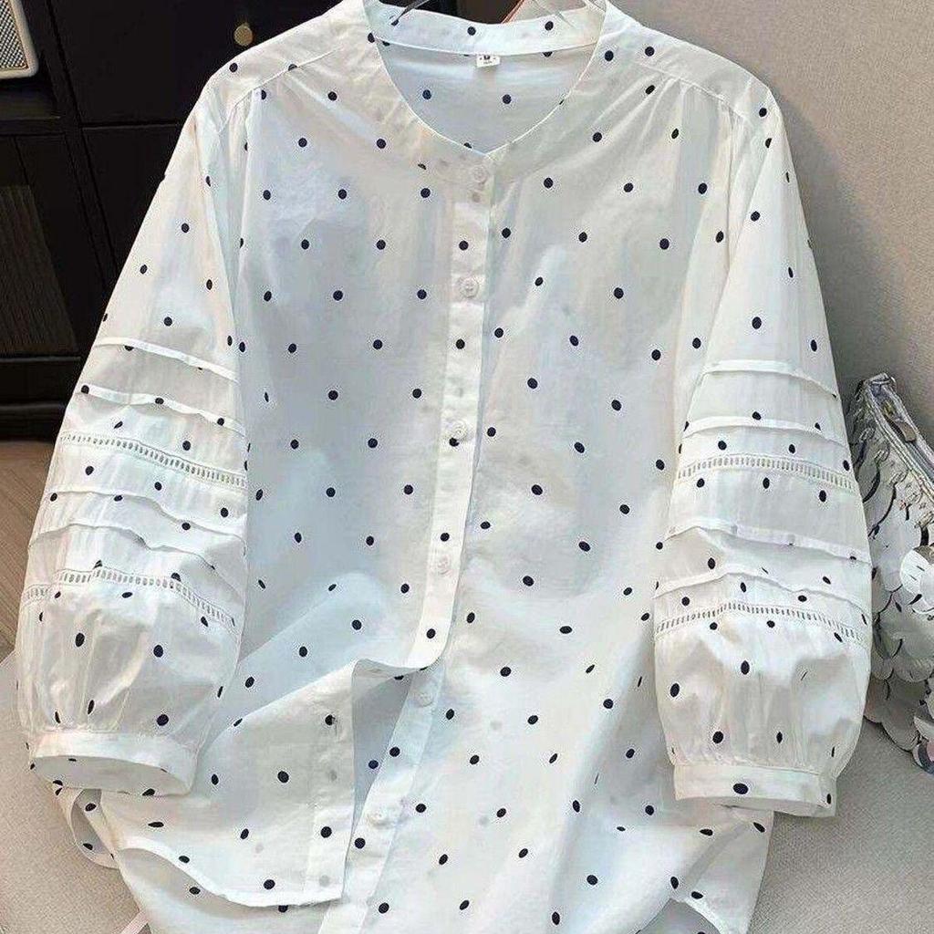[Venda por tempo limitado] Verão novo estilo versão coreana Polka Dot oco camisa de manga três quartos, elegante All-Mat