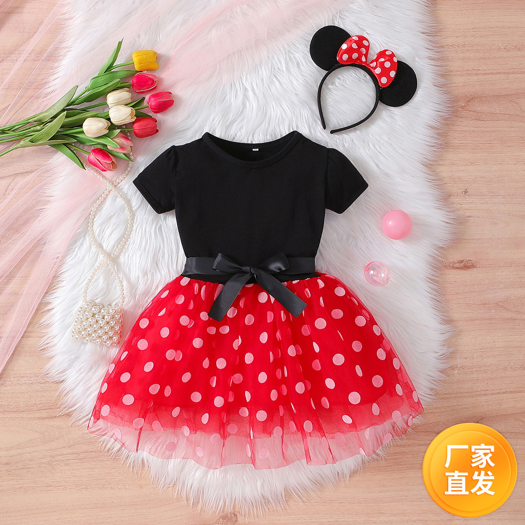 2026 Meninas Mickey Princesa Vestido Polka Dot Gaze Saia Vestido Menina Saia Curta