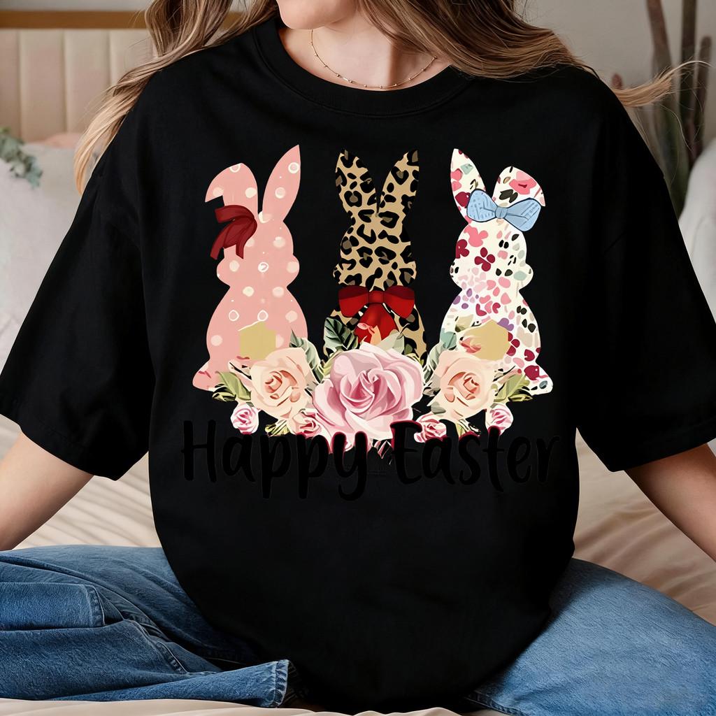 Camiseta Unissex Oversized Plus Size Feminina Masculina Decote Happy Easter para Bebê  Padrões de Coelho, Pólka, Leopard