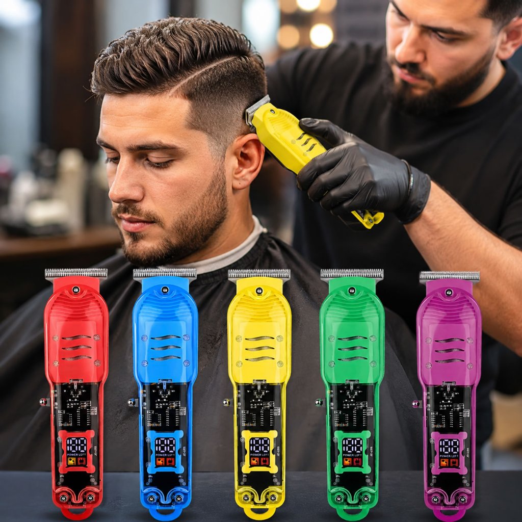 Maquina de Cortar Cabelo LCD Display 4 Pentes Profissional Smart Barbeador Elétrico Transparente Sem Fio
