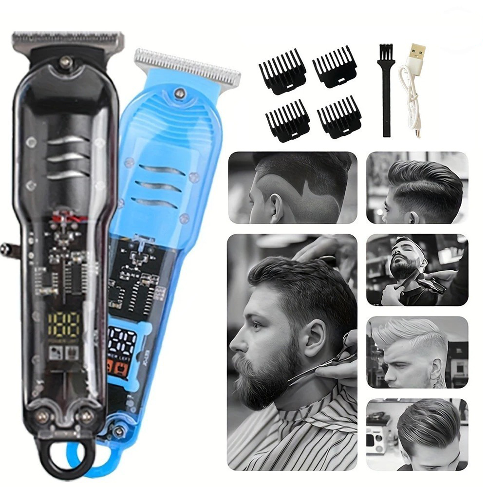 Máquina De Cortar Cabelo Profissional Smart Lcd Display Barbeador Eletrico Transparente Sem Fio Para Homens