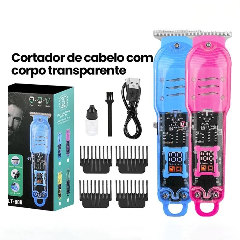 Máquina De Cortar Cabelo Profissional Smart Lcd Display Barbeador Eletrico Transparente Sem Fio