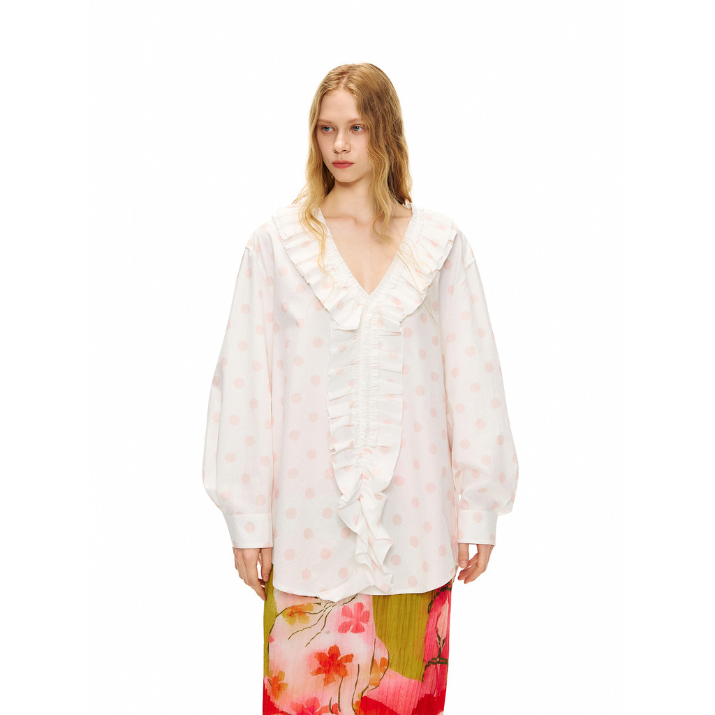 Outthe Blue < Sakura Pink} Primavera Novo Estilo Tencel Algodão Polka Dot Babados Camisa