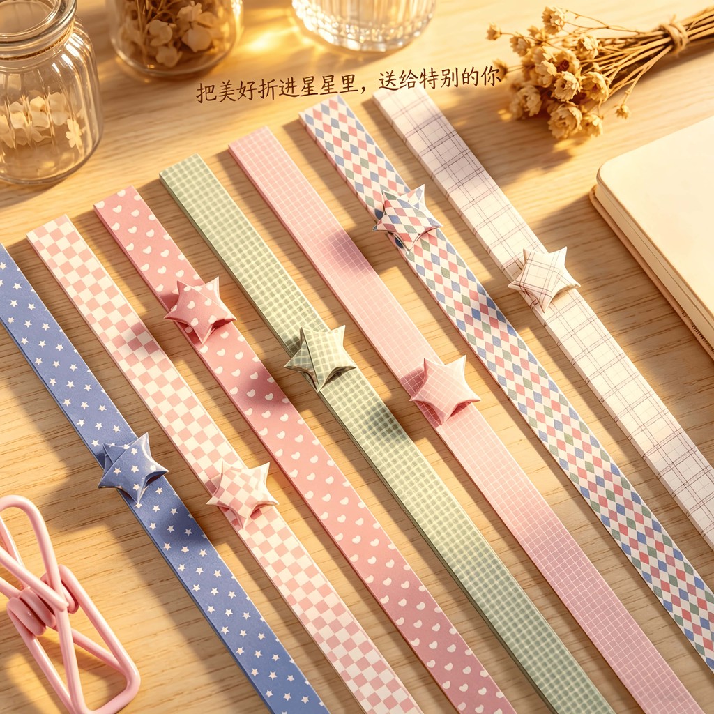 Macaron Pink Blues Variety Mix Match Lucky Star Origami Long Strip Conjunto completo Xadrez Polka Dot Rhombus Padrão fre