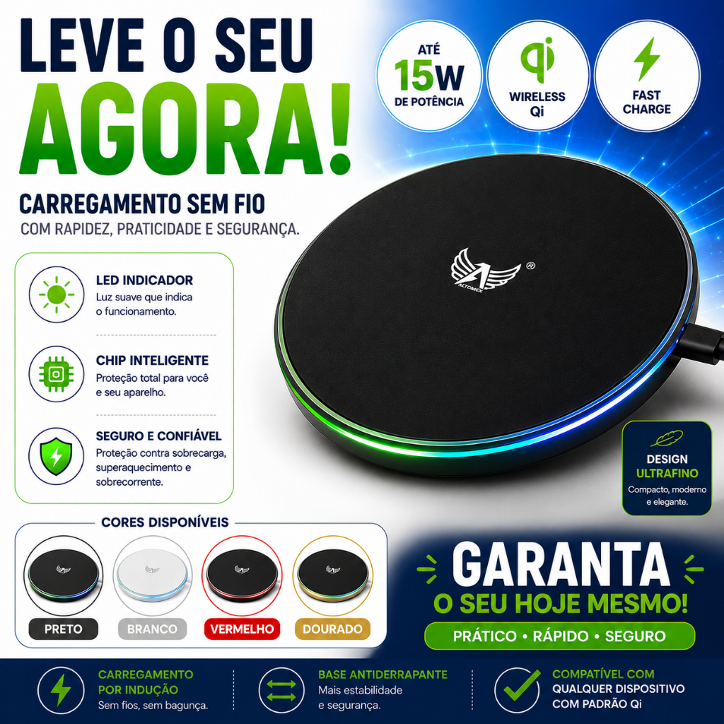 Carregador por Indução 15W Sem Fio Wireless Qi Fast Charge com LED Compatível Android e iPhone Altomex