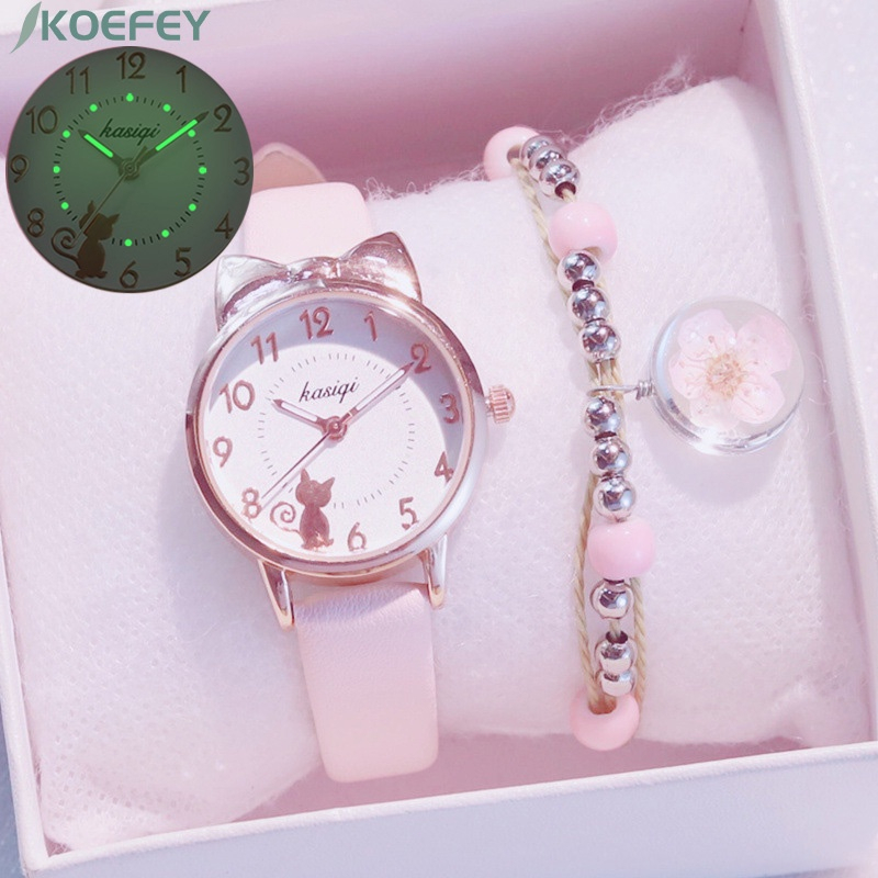 (Free Bracelet) Watch Para Crianças Meninas Meninos Relo Relógios De Pulso Relógio De Orelhas De Gato Presente Com Caixa