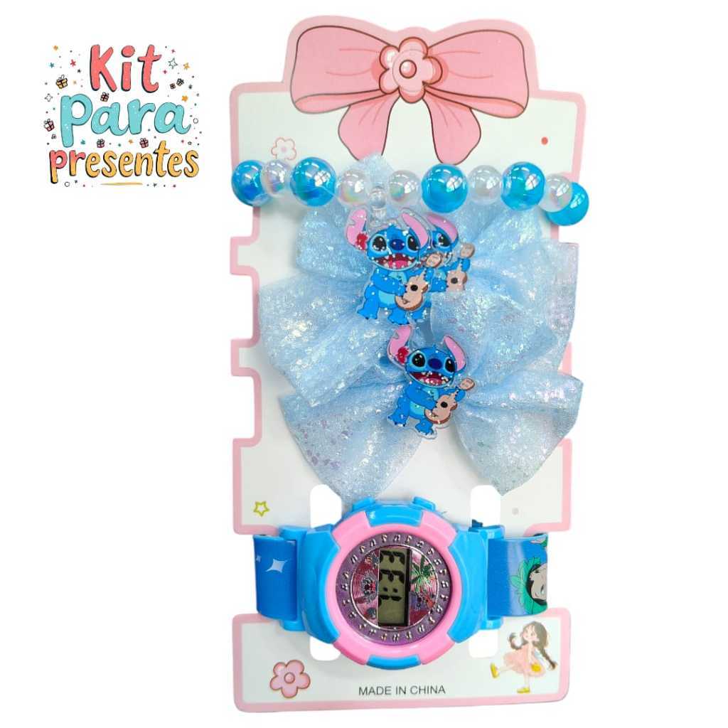 Kit de Presente lembrancinha para meninas 3 em 1 Lilo Stich pulseira presilha e relogio