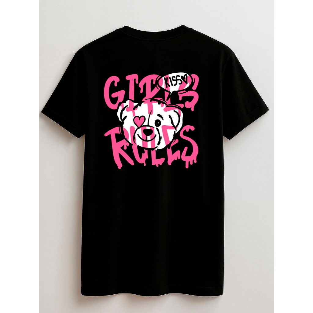 Camiseta Juvenil e Infantil 100% Algodão 2 ao 16 anos Girls Rule Ursinho Frente e Costas
