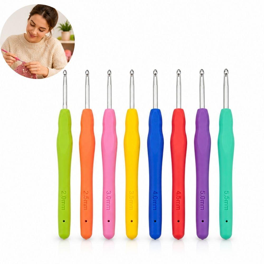 AGULHAS DE CROCHE 8 PECAS ALUMINIO COLORIDAS KIT UNIVERSAL COM CABO EMBORRACHADO CONFORTAVEL ARTESANATO BARBANTE