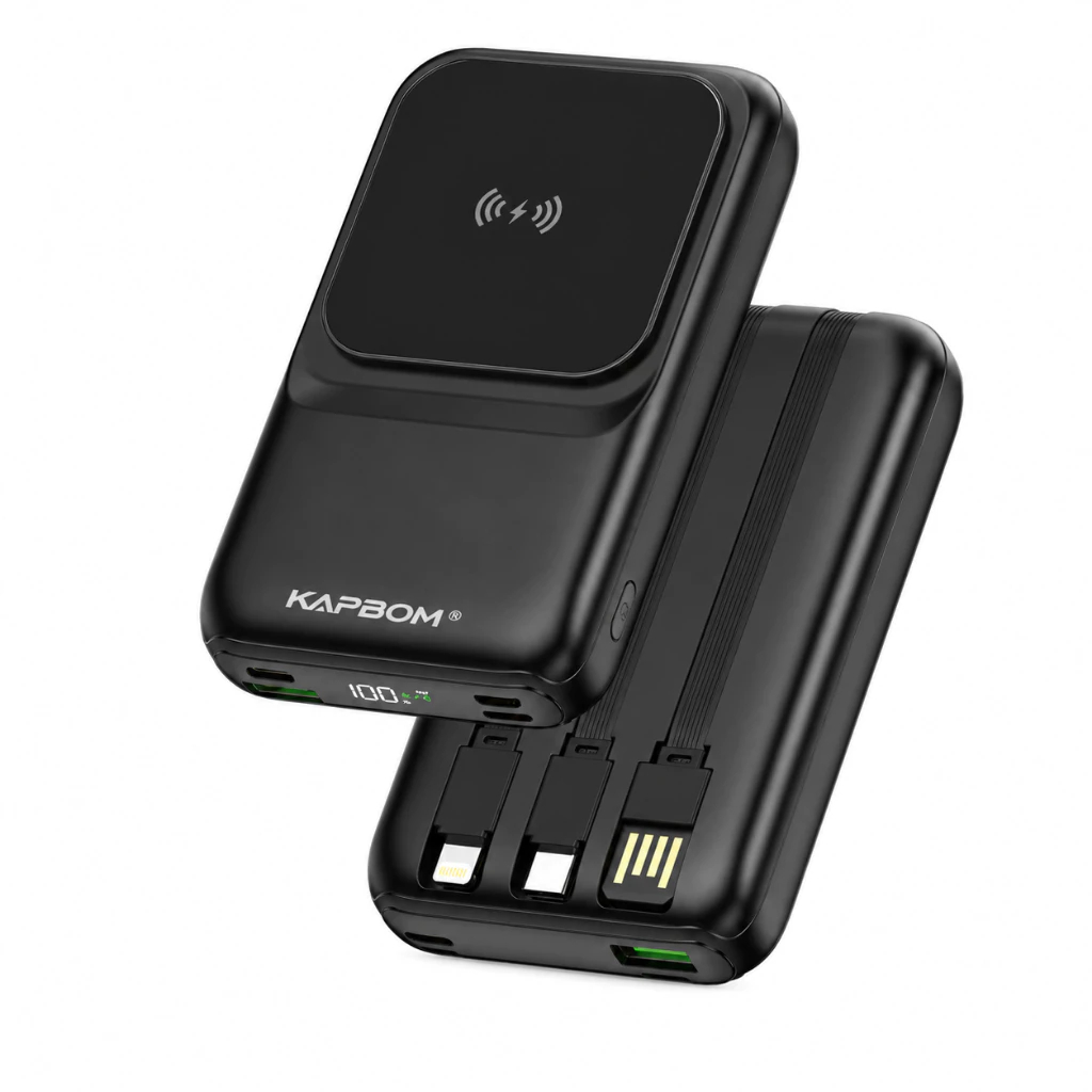 Power Bank 10000mAh 22,5W Turbo Wireless Magnético com Cabos Integrados e Display LED Kapbom KA-9203