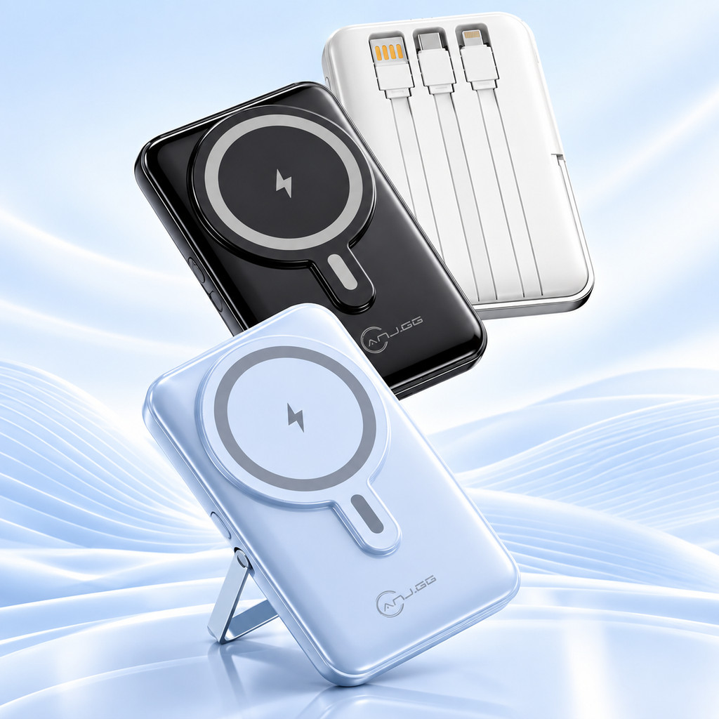 Power Bank Magnético 10000mAh  com Suporte  Carregador Portátil Wireless 22,5W com Cabos Embutidos