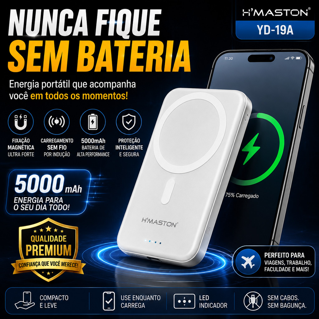 Power Bank Magnético 5000mAh H'Maston YD-19A Carregador Sem Fio Wireless Portátil