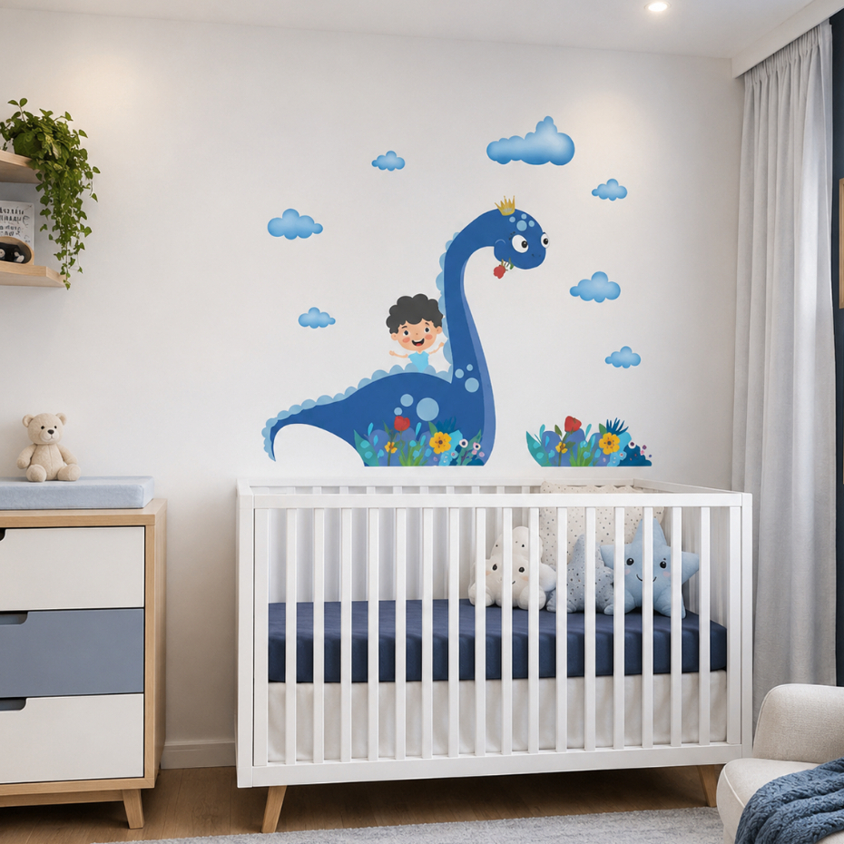 Adesivo de Parede Infantil Dinossauro e Menino Papel de Parede Brontossauro Cartoon Cute
