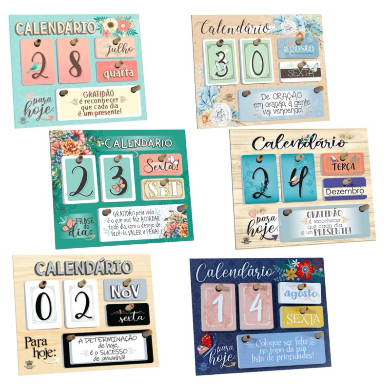 Calendário de Mesa Decorativo Permanente Madeira Enfeite de Mesa com Plaquinhas de Frases MDF