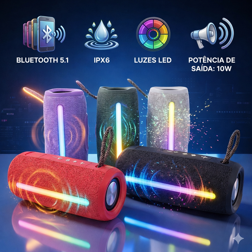 Caixa De Som Bluetooth RGB LED Portátil Potente TWS Recarregável Colorida Para Praia/Festa/Viagem