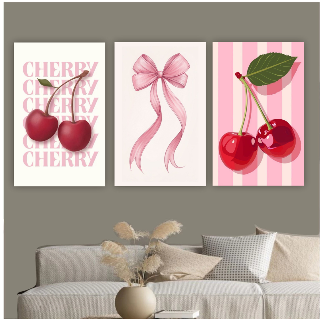 Quadro decorativo cherry cereja rosa laço rosa decoração para sala quarto fofo coquette cute pink