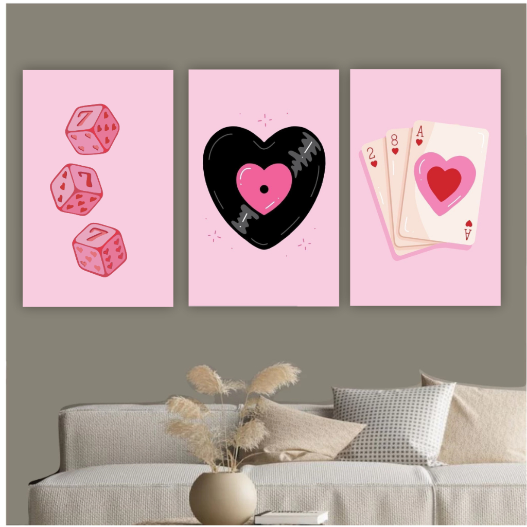 Quadro decorativo dados vinil cartas rosa decoração para sala quarto pink menina fofo cute musica