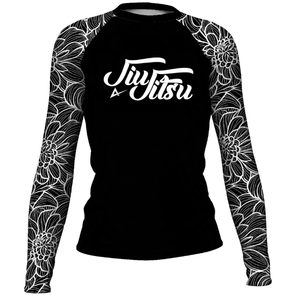 Rash Guard Feminina Camisa Jiu Jitsu No-Gi Flowers All Black Manga Longa