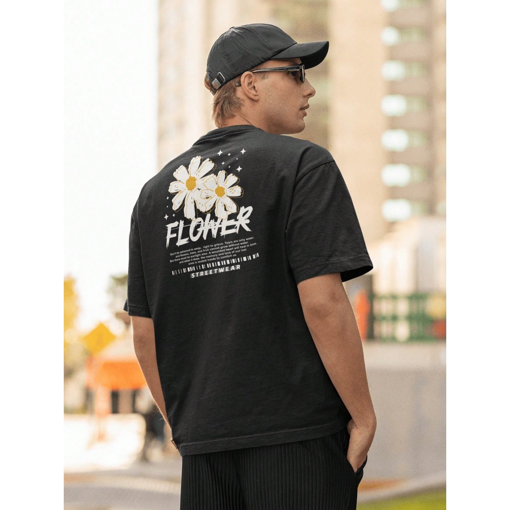 Camisa Camiseta Oversized Gola Alta Streetwear Masculino e Feminino 100% Algodão  Preto e Off Whte Estampado - FLOWER