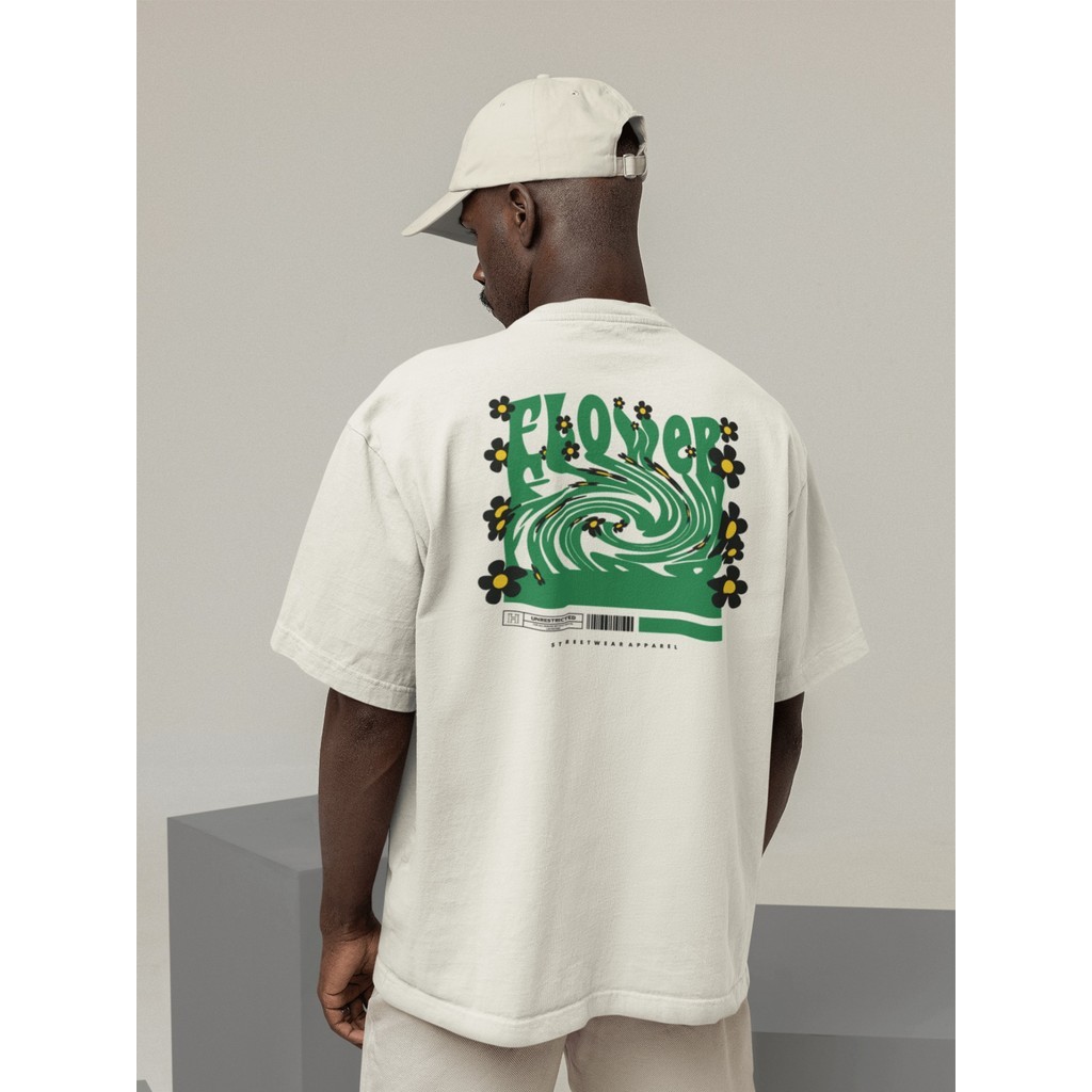 Camisa Camiseta Oversized Streetwear Masculino Urbano Treino Preto e Off Whte Estampado - FLOWER